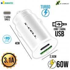 Carregador Veicular Turbo 60W Tipo C + 1 USB XC-V17USB X-Cell - Branco